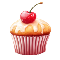 Delicious isolated muffin topped with a shining cherry and creamy glaze against a transparent background, Isolated muffin with a cherry on top, transparent background png