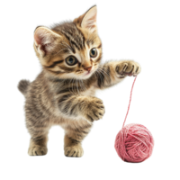 Charming Kitten with Big Eyes Playing with String and Yarn Ball Isolated on Transparent Background png