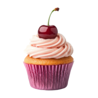 Delightful cupcake topped with pink cream and a cherry on a transparent background to satisfy your sweet cravings, cupcake with cherry and pink cream isolated on transparent background png