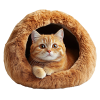 Adorable Fluffy Kitten Resting in Cozy Dome Shaped Cat Bed Made of Soft Plush Fabric on Transparent Background png