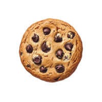 Delicious homemade chocolate chip cookie on a transparent background capturing its goldenbrown texture and melty chocolate pieces, single cookie top view isolated on transparent background png
