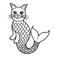 Cute Cat Mermaid Outline Illustration Set for Coloring Book Fantasy Kitten Line Art for Kids and Adults vector