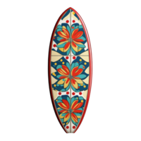 Retro surfboard with vibrant floral pattern isolated against a transparent background for summer beach activities, surf board with retro pattern isolated on transparent background or transparent png