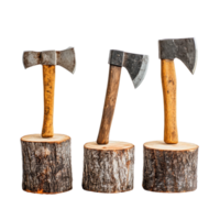 Axes resting on wooden stumps against a transparent background in a studio setting, Axes on Wood Stumps on transparent background png