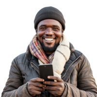 Smiling African man in warm clothing using smartphone against a transparent background, Smiling African Man With Phone on transparent background png