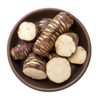 Taro root displayed on a dark plate against a clean transparent background, showcasing its unique texture and color, taro root in plate on transparent background png