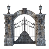 A beautiful stone gate with decorative lanterns in front of a pristine transparent background, Beautiful stone gate on a transparent background png