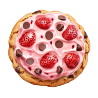 Delicious round chocolate chip cookie topped with strawberry cream and fresh strawberries in a bright setting, round chocolate chip cookie with strawberry cream isolated on transparent backgroundfile png