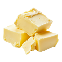 Freshly cut butter blocks on a plain transparent background showcasing their smooth texture and rich yellow color, butter on transparent background png