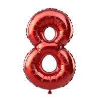 Bright red metallic inflatable number eight balloon for celebrations or parties, isolated on a clean background, Number 8 eight red metallic inflatable balloon isolated on transparent background png