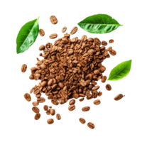 Instant coffee granules and fresh green leaves arranged on a clean transparent background, showcasing natural ingredients, instant coffee and leaves on transparent background png