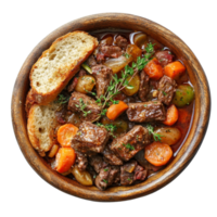 Hearty beef stew with bread and vegetables served in a wooden bowl on a neutral background, dish made of bread, beef, and vegetables top view isolated on transparent background png