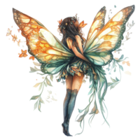 Enchanting fairy with butterfly wings gracefully posed amid floral elements on a soft background, Enchanting Fairy Illustration on transparent background png