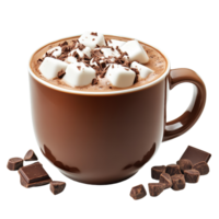 Delicious hot chocolate topped with marshmallows and chocolate shavings on a transparent background in a cozy setting, Delicious hot chocolate on transparent background png