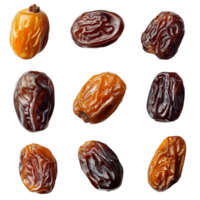 A colorful assortment of dates arranged on a transparent background showcasing their rich textures and natural variety, dates on transparent background png