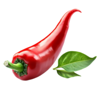 Fresh red pepper with green leaf isolated on a clean transparent background for culinary and health illustrations, red pepper with leaf isolated on transparent background png