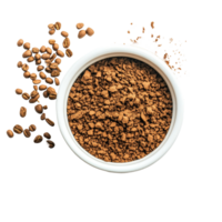 Instant coffee granules and roasted beans on a clean transparent background for coffee lovers and enthusiasts, instant coffee on transparent background png