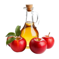 Fresh apples surround a bottle of apple cider vinegar on a transparent surface, Bottle of apple cider vinegar with fresh red apples png
