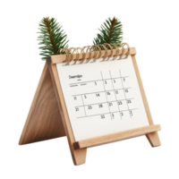 December table calendar with wooden stand and festive greenery isolated on a transparent background, table calendar 2024 december isolated on transparent background png