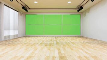 empty room with green screen in the middle, wall art mockup, mobile mockup, green screen mockup. video