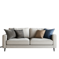 Modern sofa with decorative pillows against a minimalist transparent backdrop, perfect for contemporary living spaces, Sofa on transparent background png