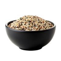 Quinoa sitting in a black bowl against a clean transparent background showcasing its diverse colors and textures, Quinoa in black bowl on transparent background png