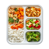 Meal prep container with balanced portions of chicken, vegetables, and rice for healthy eating, meal prep, file of isolated object with shadow on transparent background png