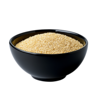 Fresh quinoa in a black bowl set against a clean transparent background for a healthy meal option, Quinoa in black bowl on transparent background png