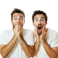 Two amazed friends express surprise in an isolated setting while displaying their reactions to an unexpected event, two amazed men friends, file of isolated object on transparent background png