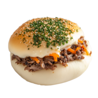 Delicious beef bun topped with herbs and sesame on a transparent background, beef bun transparent background png