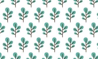 Seamless illustration of a repeating pattern with stylized leaves. Features teal leaves with brown stems creating a symmetrical, decorative design on a white background. vector