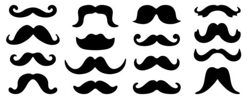 Collection of illustrations displaying diverse mustache styles in black silhouette. Ideal for design projects, fashion concepts, and grooming themes. vector
