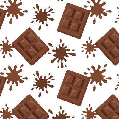 Seamless illustration featuring chocolate bars and splashes against a white background. The playful pattern showcases the rich texture of chocolate in a fun arrangement.