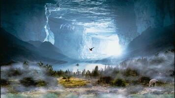 a man is flying over a cave with a bird in the sky video