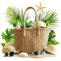 A stylish beach bag filled with accessories for a sunny day on the coast, file no background Beach bag with accessories and tropical beach png