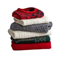 A cozy stack of assorted sweaters in festive colors neatly arranged on a transparent background, sweaters stacked group on transparent background png