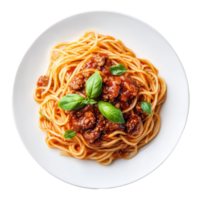 Delicious spaghetti with tomato beef sauce garnished with fresh basil on a transparent plate, ready to enjoy for dinner, spaghetti pasta with tomato beef sauce on transparent background png