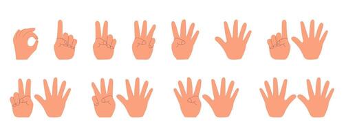 Illustration displaying a series of hand gestures representing the numbers 0 through 10. Each hand illustration is clearly defined to convey numerical values using fingers. vector