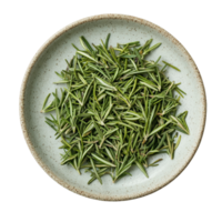Dried rosemary leaves arranged neatly in a rustic plate isolated on a transparent surface for culinary use, Dried rosemary leaves in a plate isolated on transparent background png
