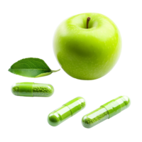 Green apple and green capsules on a transparent background representing health and wellness choices in nutrition, Green apple and pills capsules isolated on transparent background png
