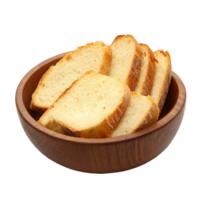 Crispy slices of bread arranged artistically in a wooden bowl on a clean transparent background, perfect for culinary presentations or rustic dining, Crispy Bread in wood bowl on transparent png