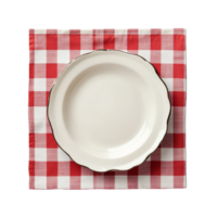 Top view of a classic checkered tablecloth with an empty plate, perfect for a casual dining setting, Top view checkered tablecloth and plate on transparent backgroundfile png