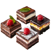 Indulgent chocolate raspberry black forest and lemon cakes arranged beautifully on a transparent plate, Chocolate, Raspberry Chocolate, Black Forest, and Lemon Cakes on transparent background png