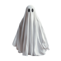 A playful Halloween ghost stands in a transparent sheet against a plain background, standing halloween ghost in a transparent sheet, file of isolated object with shadow on transparent background png