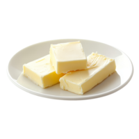 Fresh butter placed on a transparent plate showcasing its smooth texture against a minimalist background, butter in plate on transparent background png