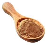 Cinnamon powder heaped in a wooden spoon with cinnamon sticks on a transparent background in a minimalist setting, Cinnamon powder in wood spoon on transparent background png
