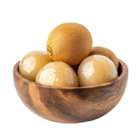 Fresh longan fruit in a wooden bowl on a transparent background capturing the essence of tropical delight, fresh longan in wood bowl isolated on transparent background png