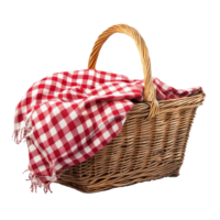 A picnic basket with a red checkered blanket perfect for outdoor dining on a sunny day, Picnic Basket with Red Checkered Blanket Isolated on transparent background png