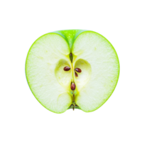 Freshly sliced green apple halves displaying juicy flesh and seeds on a clean transparent background, slice green apple on transparent background png