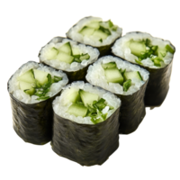 Freshly made cucumber maki sushi rolls arranged neatly on a clean surface ready to be enjoyed, Portion of uncut cucumber maki sushi rolls png